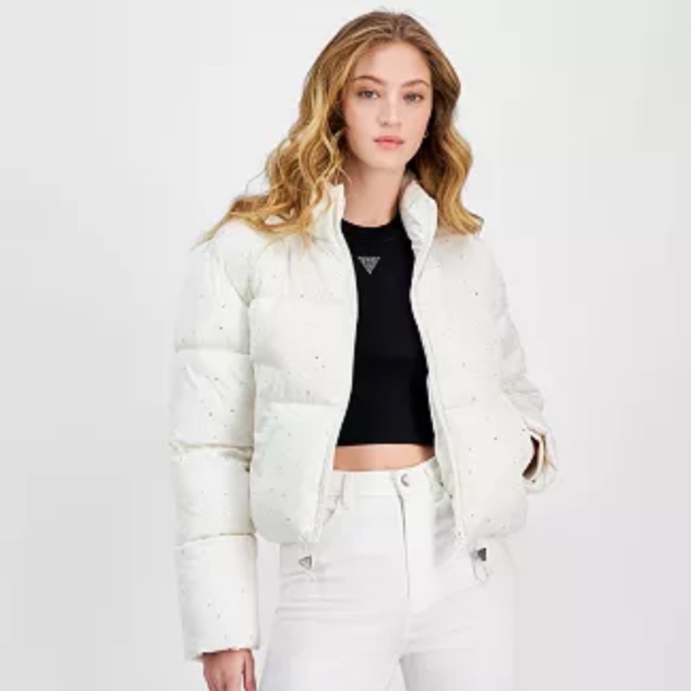 Guess women’s ‘Antonia’ Rhinestone Embellished Cream Puffer Coat NWT Medium